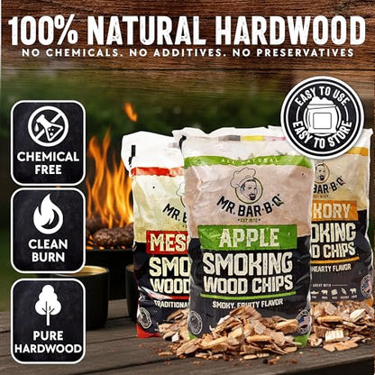 Wood Smoker Chips Bundle of 3 Flavors - Apple, Mesquite & Hickory Wood Chips by Mr. Bar-B-Q, Can be Used on Gas & Charcoal Grill, Variety of Flavors for Smokers, Grilling, BBQ, Camping(3 x 1.8 Lb Bag)