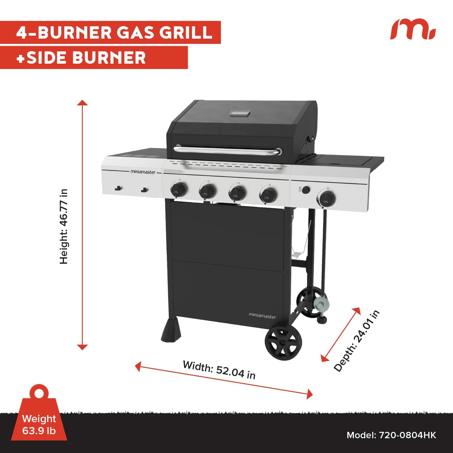 Megamaster 4-Burner Gas Grill with Side Burner & Grill Cover, 52,000 BTUs, 568 SQ. In. Cooking Area, Propane BBQ Grill with Stainless Steel Panel for Outdoor Cooking, Patios, and More - 720-0804HK