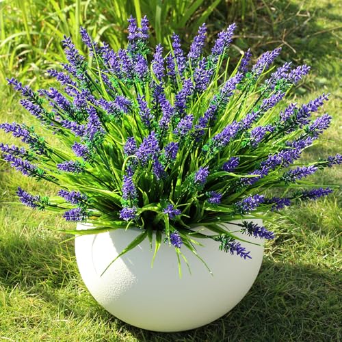 AmberFun 16 Bundles Artificial Plants Outdoor, UV Resistant Fake Lavender & Monkey Grass, Realistic Plastic Faux Plants for Balcony, Patio, Porch Greenery Decor, Planter Filler(Purple)