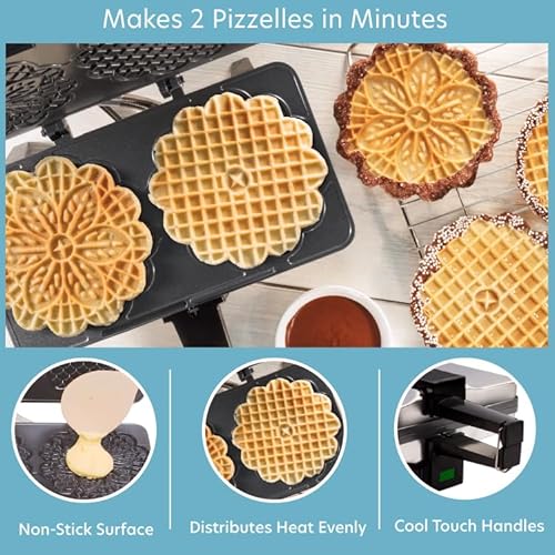 Pizzelle Maker- Non-Stick Electric Baker Press Makes Two 5-Inch Cookies at Once, Even Heating Plates- Must Have Party Baking Supplies- Italian Dessert Treat Making with Recipe Guide- Gift for Her