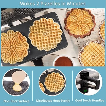 Pizzelle Maker- Non-Stick Electric Baker Press Makes Two 5-Inch Cookies at Once, Even Heating Plates- Must Have Party Baking Supplies- Italian Dessert Treat Making with Recipe Guide- Gift for Her