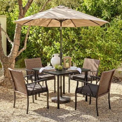 Andehomy 5-Piece Patio Dining Set for 4, Outdoor Dining Set with 4 Wicker Patio Dining Chairs with Cushions & 1 Black Square Woodgrain Dining Table with 1.75" Market Umbrella Hole, Black & Brown