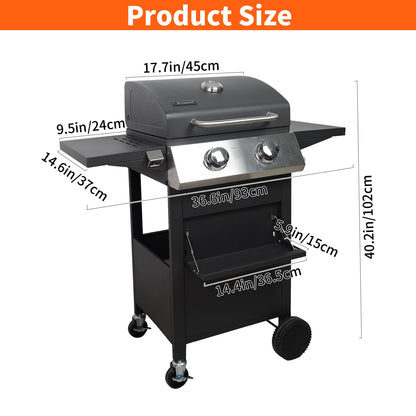 2 Burners Portable BBQ Gas Grill, 20000 BTU Small Camping Barbecue Propane Grills Outdoor Cooking, Built-in Thermometer Stainless Steel Barbeque Propane Grills for Patio/Backyard/Garden/Picnic