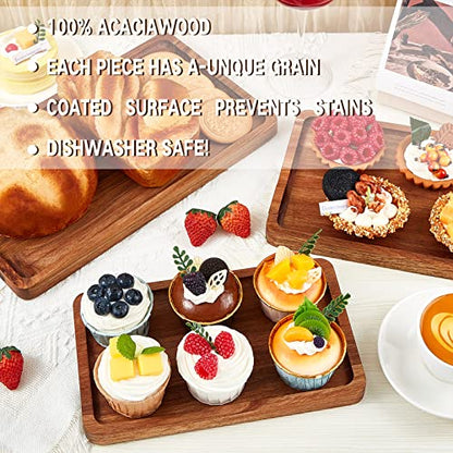 Qunclay 6 Pcs Acacia Wood Serving Trays Wooden Plates for Food 3 Sizes Rectangular Serving Platter Set Natural Wooden Boards Cheese Platters for Bar Coffee Home Party(13.4x7.9/11.8x7.1/9.8x5.9 In)