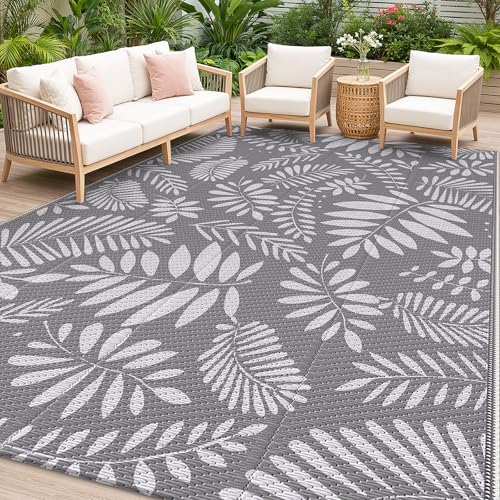 StepRite Outdoor Rug, Patio Rug, Plastic Straw Camping Rugs, Large Waterproof Area Rug and Mat for Outdoors, RV, Patio, Backyard, Deck, Porch, Beach, Balcony, (5'x 8', White&Gray)