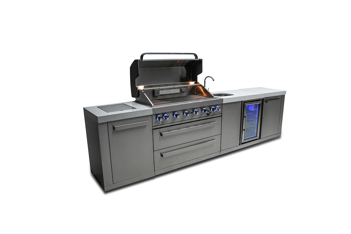 Mont Alpi MAi805-BEV 44-inch 6-Burner 115000 BTU Stainless Steel Outdoor Kitchen Bar Gas Barbecue Island Grill + Wine Cooler Beverage Center Refrigerator + Granite Countertops & Infrared Side Burner