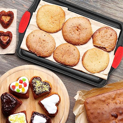 2 Piece Set Nonstick Carbon Steel Oven Bakeware -Professional Quality Kitchen Cooking Baking Trays -PFOA, PFOS, PTFE-Free Medium & Large Baking Sheet Pans with Red Silicone Handles