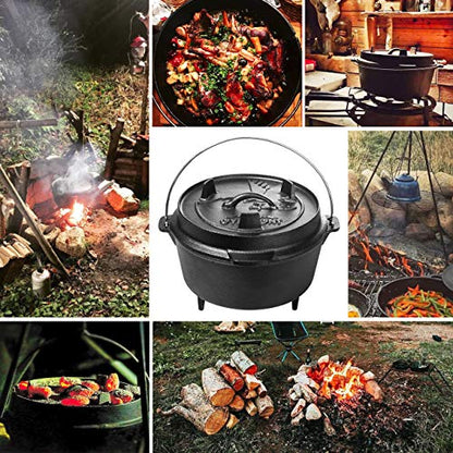 Overmont 6QT Cast Iron Dutch Oven Pre-Seasoned Camping Dutch Oven Pot with Legs, Lid Lifter & Dual Handles, Cast Iron Pot with Skillet Lid for Campfire Cooking, BBQ, Grill, Stove, Outdoor Use