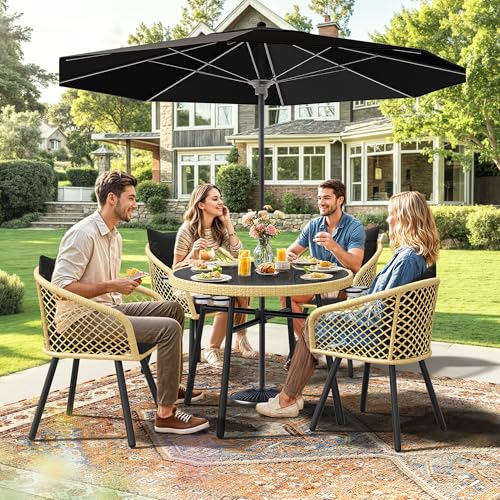 YITAHOME Outdoor Dining Set with Umbralle Hole, 5pcs Rattan Patio Dining Set for 4 with Cup Holders Soft Cushions and Glass Top Dining Table for Patio, Backyard, Garden, Bacony, Light Brown & Black