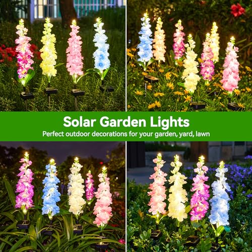 KOOPER Solar Lights Outdoor Garden Decor, 4 Pack Upgraded Delphinium Solar Garden Lights with 36 LEDs, Vivid Flowers Outdoor Waterproof for Landscape Patio Yard Decor
