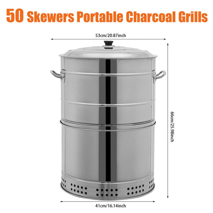 BAIODNB Large Portable Charcoal Grills, Stainless Charcoal BBQ Grill Barrel 360° Smokeless Outdoor with 50 Skewers, Boiling Pot Barbecue Smoker Grill for Travel, Outdoor Cooking and BBQ