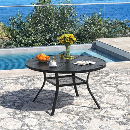 DIFY 5 Pieces Outdoor Patio Dining Set for 4, 40.6" Black Round Metal Dining Table and 4 Blue Stackable Sling Dining Chairs, Outdoor Table and Chairs for Lawn Garden Backyard Deck