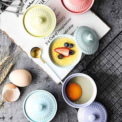 Meltset 5.5 Oz Ramekins with Lids Oven Safe Ceramics Ramekin Bowls for Baking, Porcelain Bake Dishes for Souffle, Creme Brulee, Lava Cake, Ice Cream Desserts, Snacks (Set of 5）
