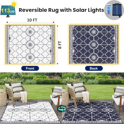 Lighted Outdoor Rug 8x10 ft, Solar Powered Patio Rug with 113 LED Lights, Waterproof Plastic Reversible Outdoor Straw Rugs, Rugs Mat for House Deck RV Camping Patio Beach Balcony Picnic (Blue White)
