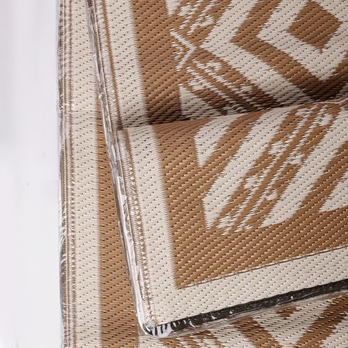Pafolo Outdoor Rug Waterproof, 8'x10' Reversible Patio Rug with Lights, 4 Rug Stakes, Non Shedding, Easy Cleaning, Foldable Outside Mat for RV, Camping, Porch, Deck, Beach, Patio, Picnic, Brown&White