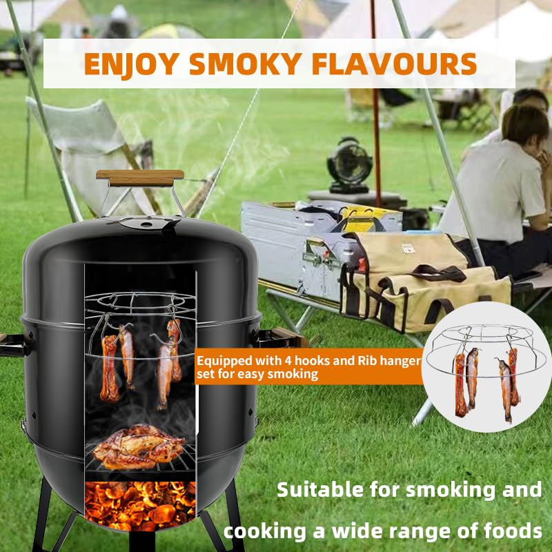 Joyagrill 17 Inch Porcelain-Enameled Charcoal BBQ Grill Smoker – Adjustable Temperature Vertical Smoker Gril for Outdoor Cooking, Smoking, Grilling – Portable Backyard Heavy Duty Barbecue Cooke, Black