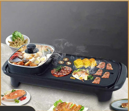 Electric 2 in 1 Grill with Shabu Shabu Hot Pot. Multifunctional Indoor Teppanyaki Korean BBQ Capacity for 2-5 People