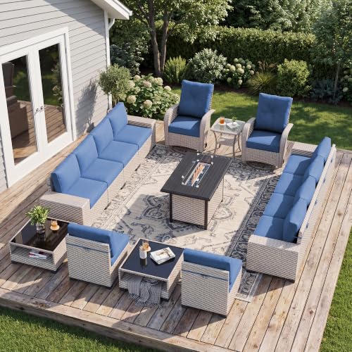 Aukreolis 16 Pieces Patio Furniture Set with Fire Pit Table, Outdoor Sectional Wicker Sofa with Thick Cushions, High Back Swivel Rocker Patio Chairs, Rattan Conversation Set with Coffee Table, Navy