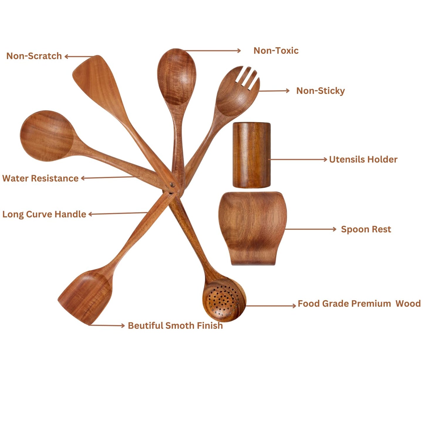 9 Pics Teak Wood Utensil Set-Wooden Cooking Spoon for Cooking-Wooden Spatula with Utensils Rest and Holder Cooking Utensils Set Non Toxic-Wood Spatula for Cooking