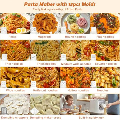 Electric Pasta Maker, Automatic Pasta Maker Machine, Comes with 13 Types Shapes & 650g Flour Large Capacity, Electric Noodle Machine for Spaghetti, Fettucine and Macaroni, Easy to Clean