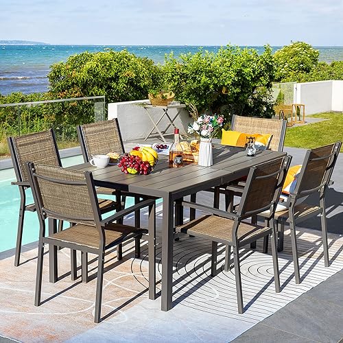 Greesum 7 Piece Outdoor Dining Set Patio Furniture with Rectangular Table & 6 Stackable Chairs Family Conversation for Garden Backyard Deck, Brown