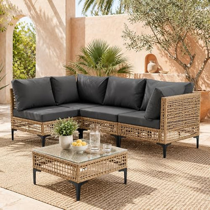 WiNVO 5-Piece Outdoor Wicker Patio Sectional Furniture Set, Grey