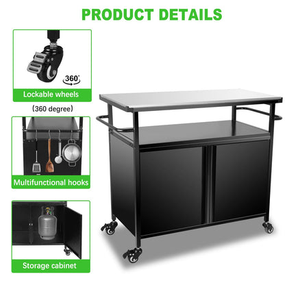 31" H Grill Cart with Storage - Outdoor BBQ Prep Table, Lockable Wheels & Magnetic Cabinet for Patio, Backyard, Tailgating