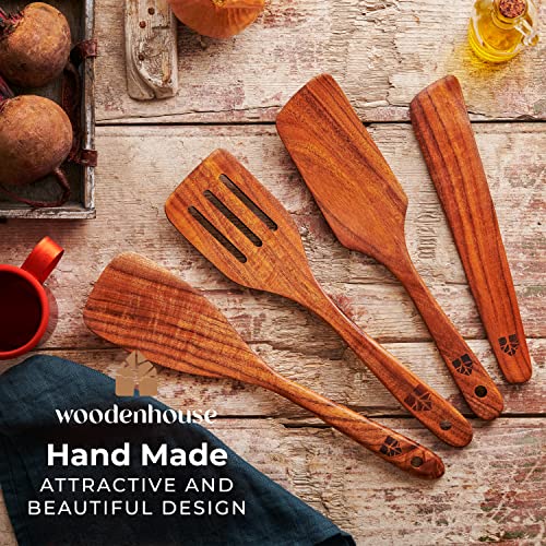 Wooden Spatula for Cooking, Kitchen Set of 4, Natural Teak Wooden Utensils including Paddle, Turner Spatula, Slotted Spatula and Wood Scraper. Nonstick cookware.