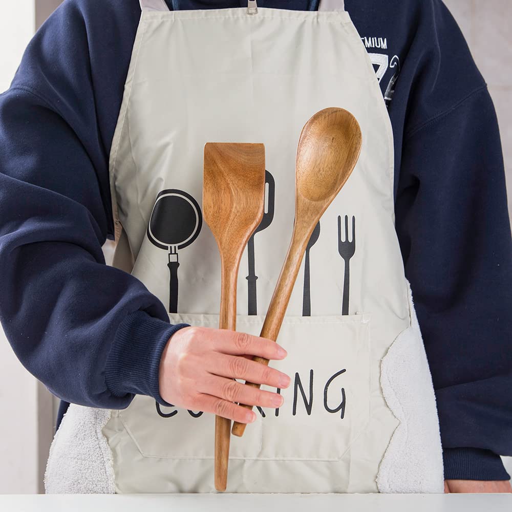 Exquisite Wooden Cooking Utensils For Kitchen, Set Of 5, 12 Inch Acacia Wood Kitchenware Tool Set, Cooking Gadgets Includes Spoon, Spoon Spatula, Spaghetti Spoon, Slotted Spoon, Shovel