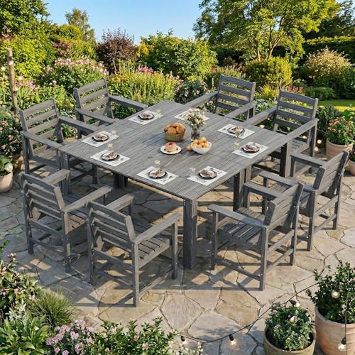 PamapicLife Outdoor HDPE Dining Table Set, 10-Piece Outdoor Dining Table Sets, Wood Grain Patio Furniture Sets with Umbrella Hole for Porch, Backyard, Gray