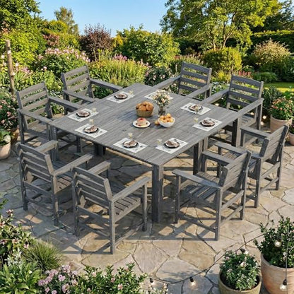 PamapicLife Outdoor HDPE Dining Table Set, 10-Piece Outdoor Dining Table Sets, Wood Grain Patio Furniture Sets with Umbrella Hole for Porch, Backyard, Gray