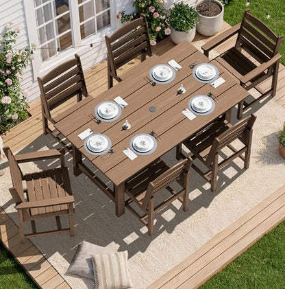 SERWALL Patio Dining Sets for 10 Person, HDPE Dining Set with 2 Tables, 8 Armless Chairs and 2 Armed Dining Chairs, Brown