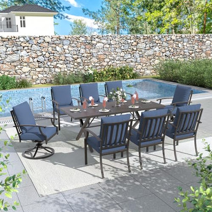 ALAULM 9-Piece Patio Dining Table and Chairs for 8 Outdoor Dining Set with 2 Swivel Chairs Patio Dining Sets with Rectangular Metal Table with Umbrella Hole for Patio, Backyard, Garden-Dark Blue