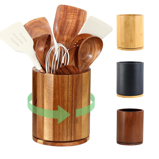 gorsent Wooden Utensil Holder, 360°Rotating 7.3'' Large Utensil Holder for Kitchen Counter, Kitchen Utensil Organizer, Utensil Crock, Farmhouse Kitchens Countertop Decor, Acacia Wood
