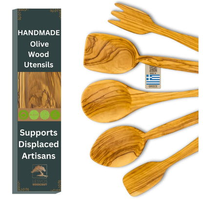 Premium Olive Wood Cooking Utensil Set - 5-Piece Artisan Cooking and Serving Utensil Bundle, Olive Wood Utensils, Fair-Trade, Handcrafted, Includes 2 Greek Recipes - LESVOS WOODCRAFT