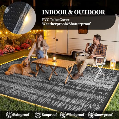 MontVoo Outdoor Rug Waterproof 9x12 ft with Strip Lights Outdoor Patio Rug Mat Reversible Plastic Straw Rug Outside Outdoor Rug for RV Camping Picnic Balcony Backyard