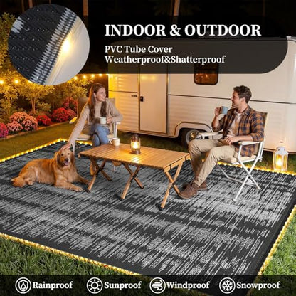 MontVoo Outdoor Rug Waterproof 9x12 ft with Strip Lights Outdoor Patio Rug Mat Reversible Plastic Straw Rug Outside Outdoor Rug for RV Camping Picnic Balcony Backyard