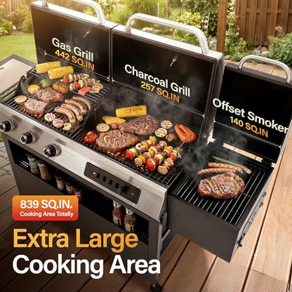 Sophia & William 3-Burner Gas and Charcoal Grill Combo with Offset Smoker - Dual Fuel BBQ Grill, 840 sq. in. Cooking Area, Heavy Duty Propane Barbecue for Outdoor Patio Cooking, Black