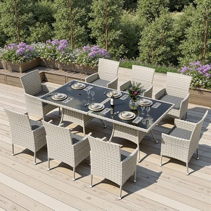 Sweecci Outdoor Dining Set, 10-Piece Patio Furniture Set with Tempered Glass Table and 8 Cushioned Chairs, Dual-Strand Wicker Rattan, Balcony Furniture for Backyard, Garden, Deck,– Gray
