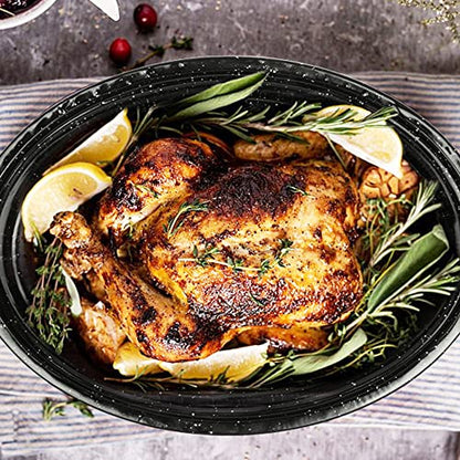 Granite Roasting Pan, Medium 15.7” Enameled Roasting Pan with Domed Lid. Oval Turkey Roaster Pot, Broiler Pan Great for Small Turkey, Chicken, Ham, Dishwasher Safe Fit for Roast Bird by Kendane