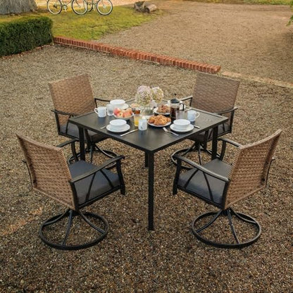 Andehomy 5-Piece Patio Dining Set for 4，Outdoor Dining Set with Wicker Swivel Patio Dining Chairs with Cushions & 1 Black Square Woodgrain Dining Table with 1.75”Market Umbrella Hole, Black & Brown