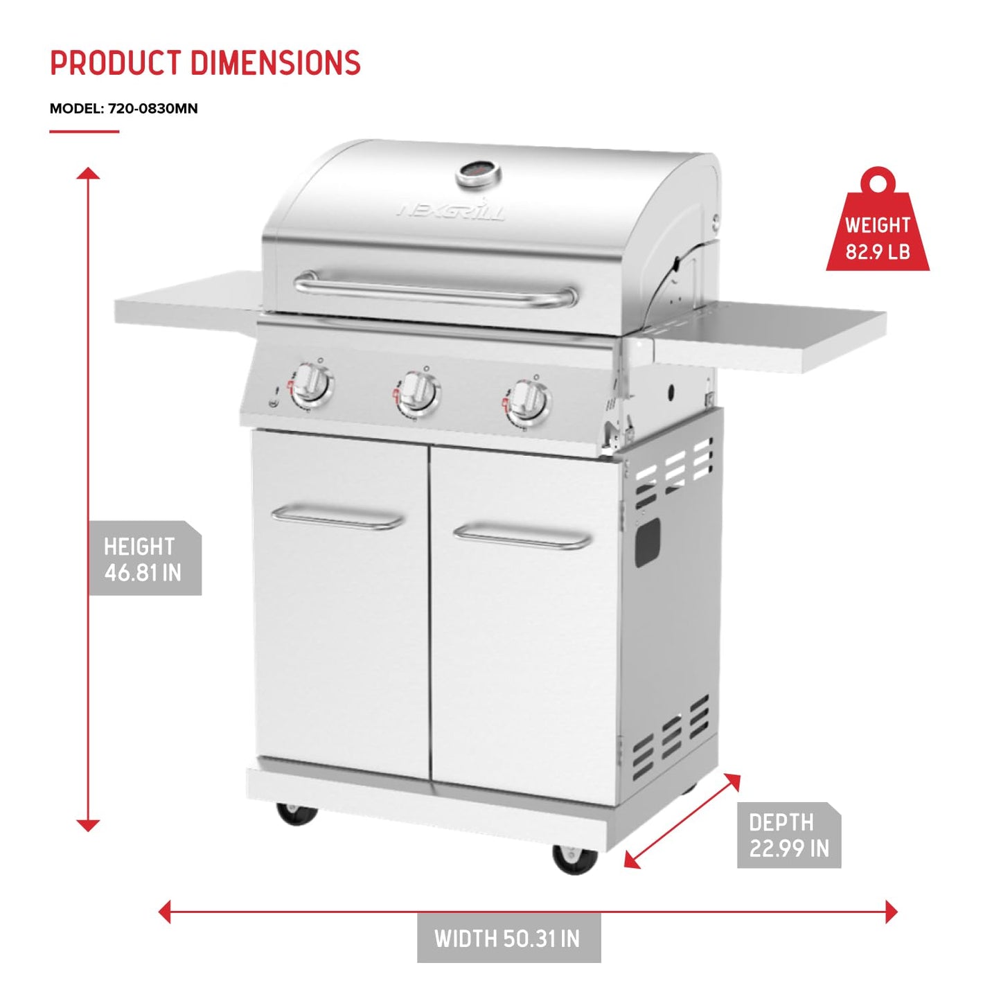 Nexgrill Stainless Steel 3-Burner Propane Gas Grill w/Foldable Side Shelves, 40,500BTUS, 591.05 sq. in. Cooking Area, Perfect for Outdoor Cooking & Grilling, BBQs, Backyard, Tailgating, 720-0830MN