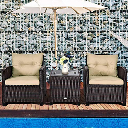 Tangkula 3 Pieces Patio Furniture Set, PE Rattan Wicker 3 Pcs Outdoor Sofa Set w/Washable Cushion and Tempered Glass Tabletop, Conversation Furniture for Garden Poolside Balcony (Beige)