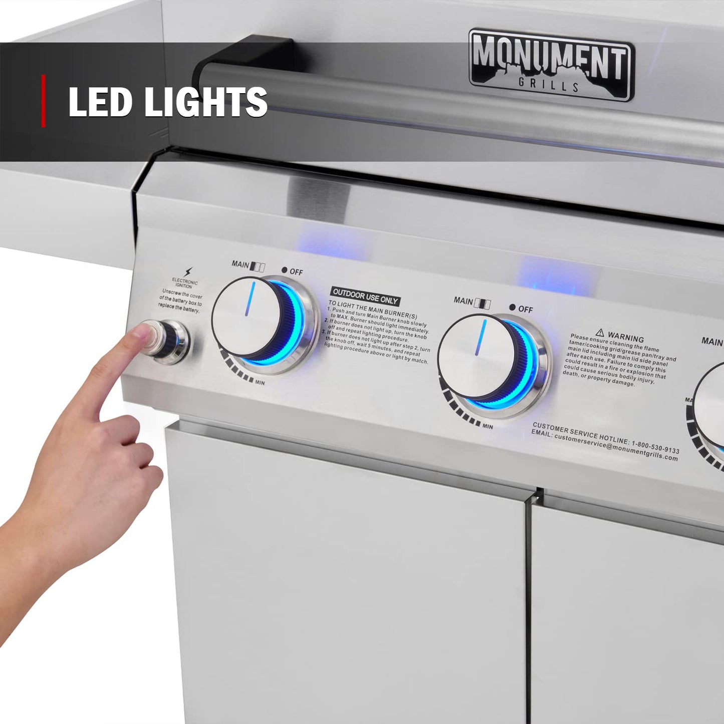 Monument Grills Larger 3-Burner Propane Gas Grills barbeque Stainless Steel Heavy-Duty Cabinet Style with Knob Controls, Outdoor Use, Mesa 300