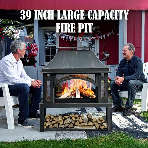 39" Fire Pits with Wood Storage for Outside, Large Wood Burning Outdoor Fireplace with Chimney, Mesh Spark Screen & Fire Poker, Idea for Backyard, Patio, Party, Camping, Picnic