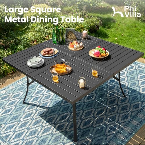 PHI VILLA 9 Piece Outdoor Patio Dining Set, Large Square Metal Dining Table and 8 Outdoor Swivel Dining Chairs, Patio Table and Gray Chair Furniture Dining Set for 8 Person