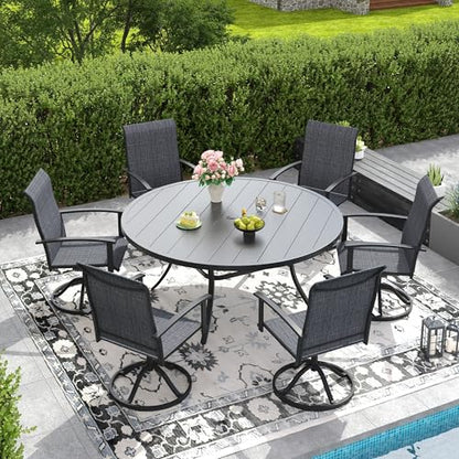 DIFY 7 Piece Outdoor Dining Set, Black Metal Table & Swivel Chairs