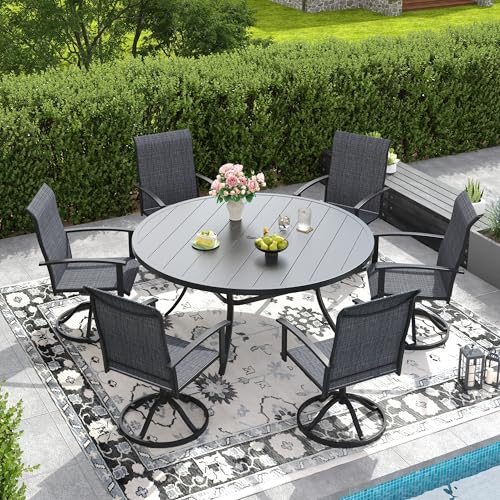DIFY 7 Piece Outdoor Dining Set, Black Metal Table & Swivel Chairs