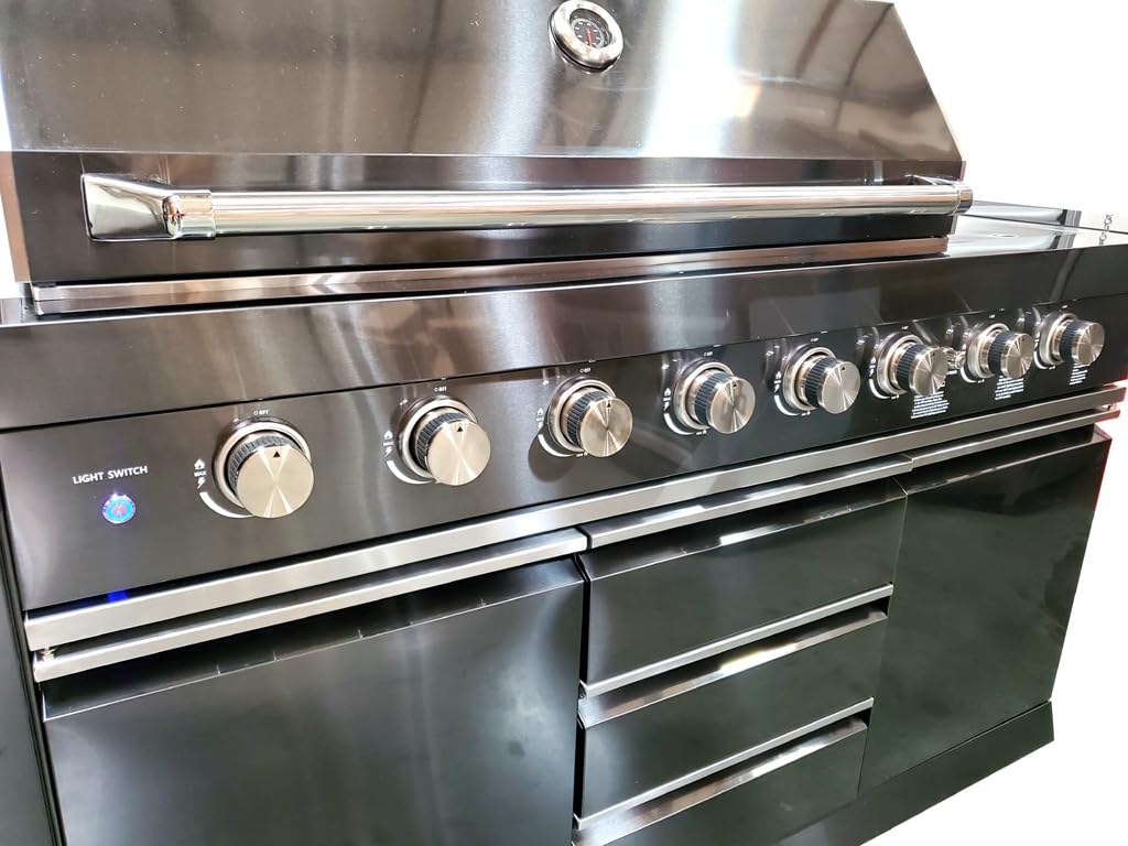 MCP-Distributions 3 Piece 10' Foot Modular Marble Top Black Stainless Steel Outdoor BBQ Kitchen Island Grill, Propane or Natural Gas, with Refrigerator and Sink Modules, 3PMGB