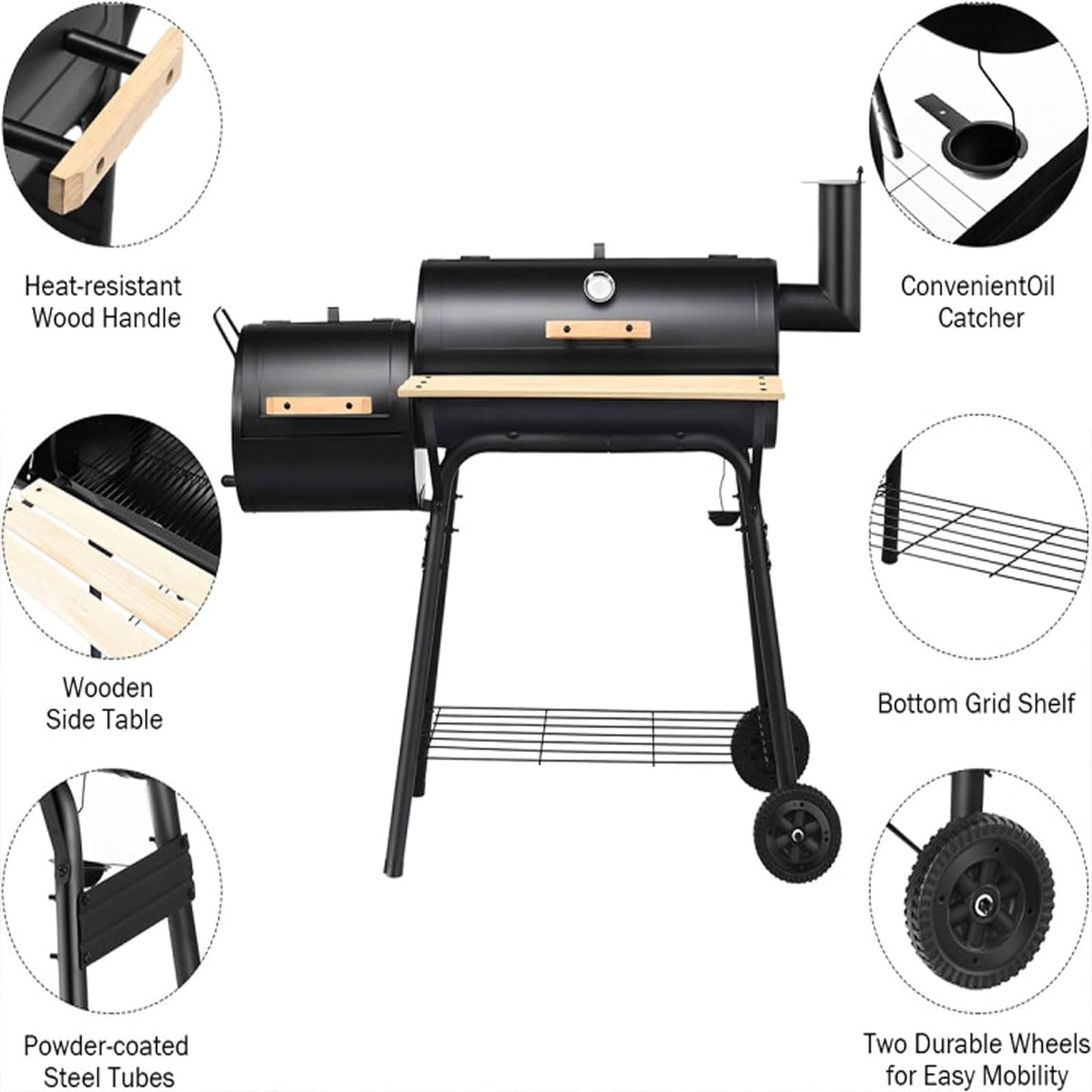 RENJJPBO Barrel Charcoal Grill with Offset Smoker, Wheels for Easy Rolling, and Table for Small Patio Backyards